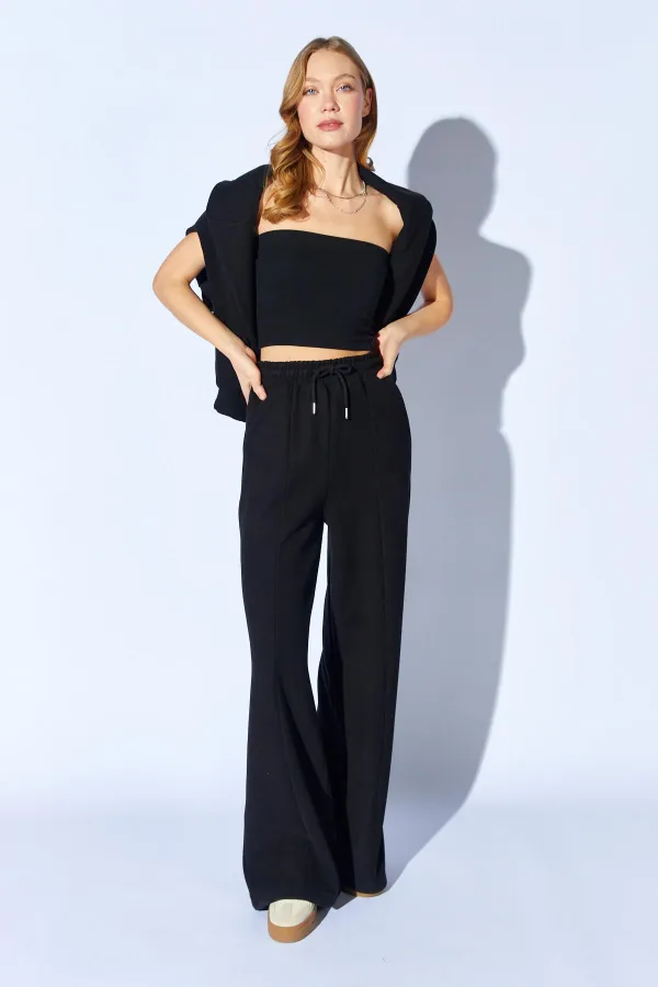 Kadın Siyah Yaka Fermuarlı Dikiş Detaylı Selanik Takım