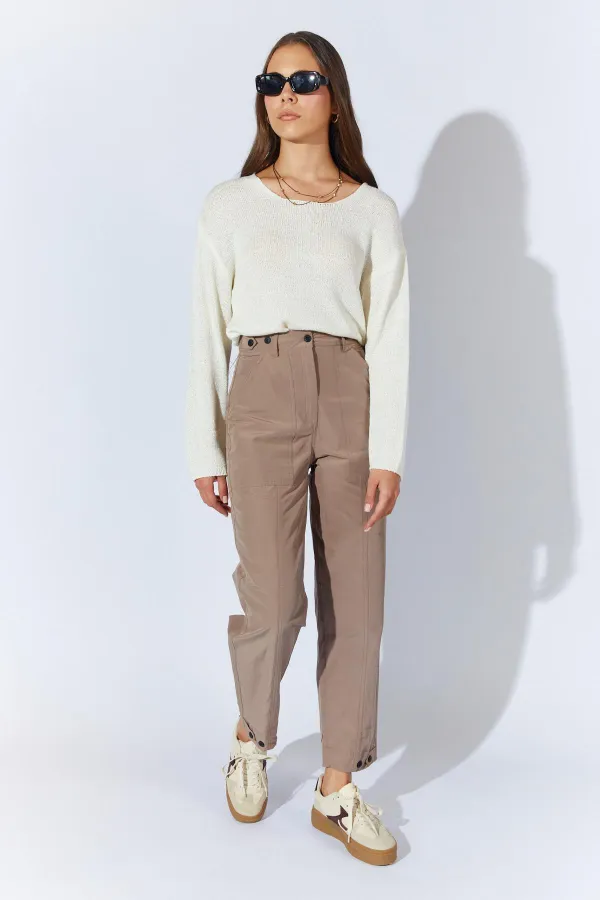 Kadın Vizon Beli Düğmeli Çift Dikişli Pantolon