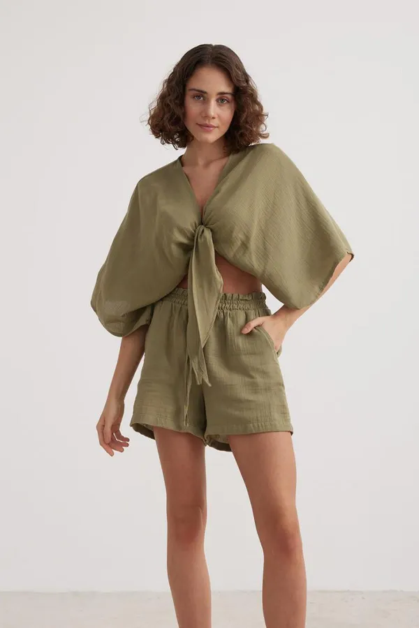 Kadın Haki Yarasa Kol Ön Bağlamalı Gömlek