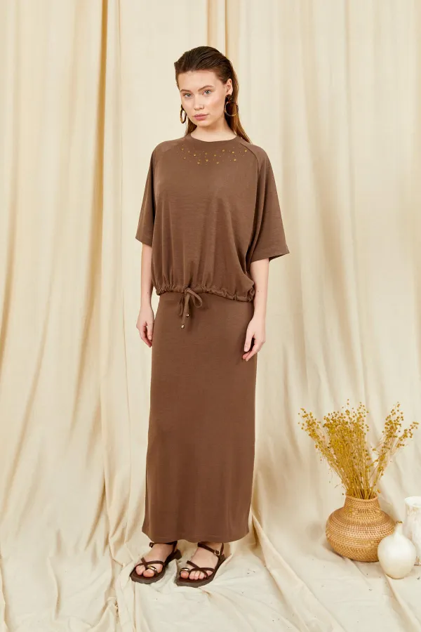 Women's Coffee 164 Raglan Sleeve Skirt with Tie Hem Blouse and Skirt Modal Set