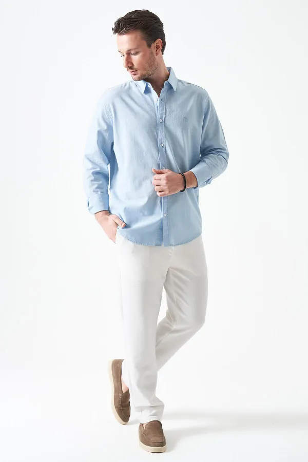Erkek Mavi Uzun Kol Basic Pamuk Flam Regular Gömlek