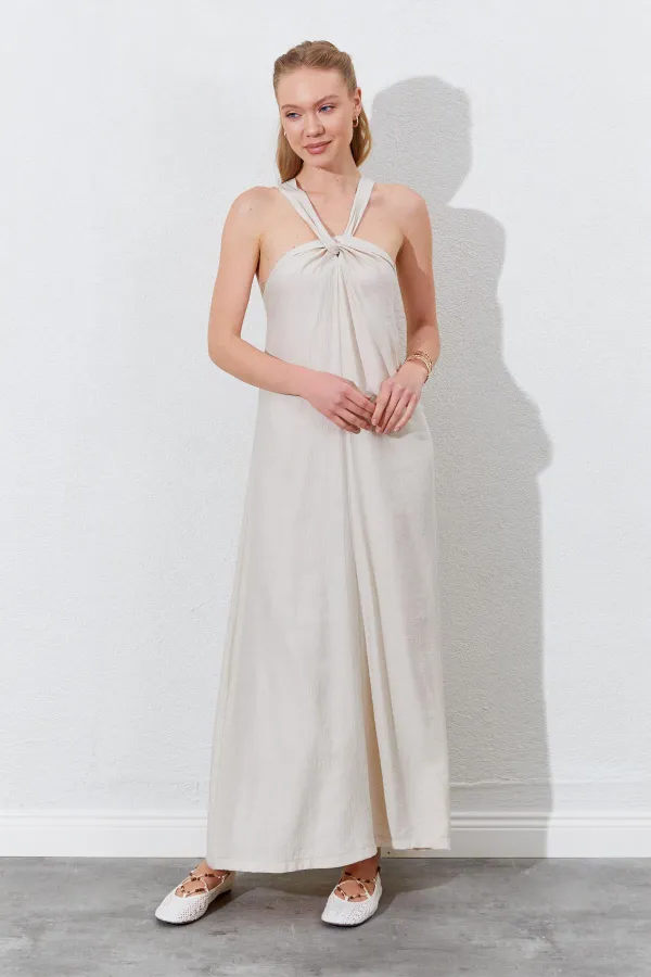 Kadın Taş Önü Düğüm Detaylı Kolsuz Elbise