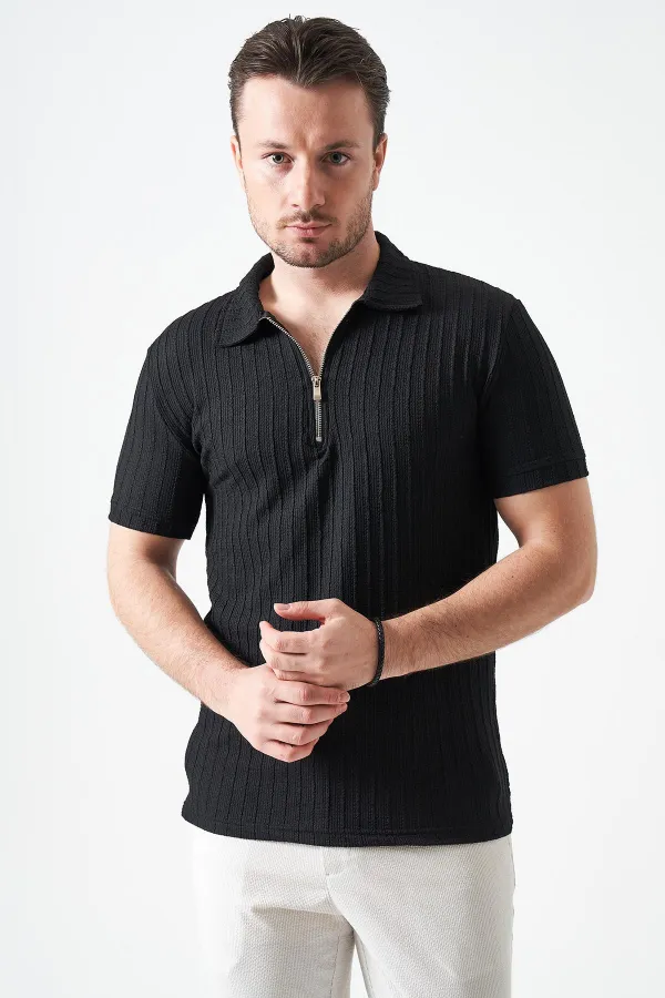 Erkek Siyah Ayaklı Yaka Fermuarlı Ağır Jakar Tişört