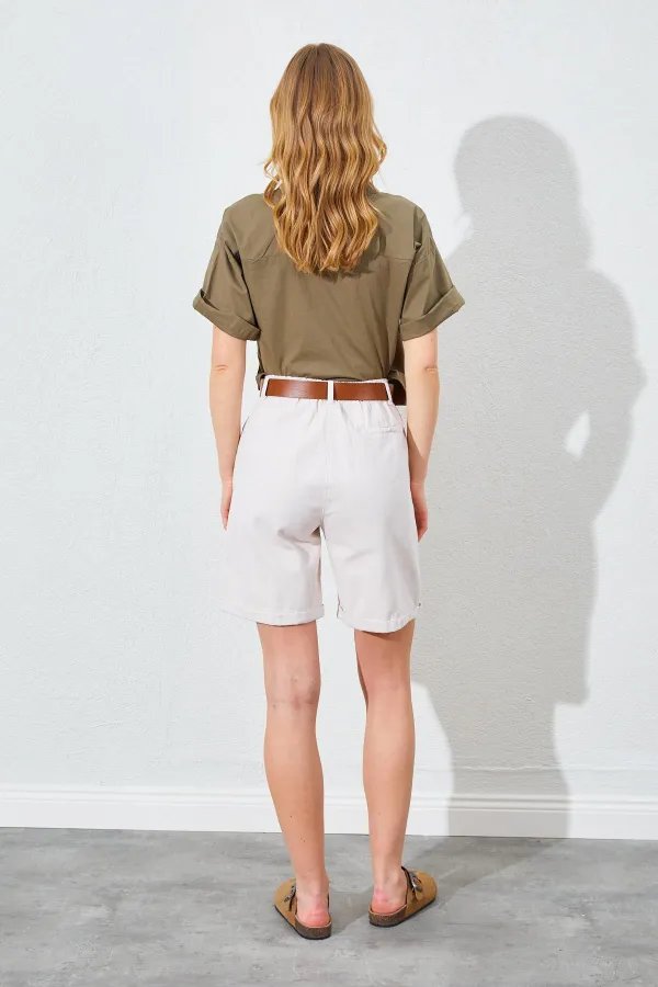 Kadın Taş Yüksel Bel Beli Kemerli Gabardin Şort