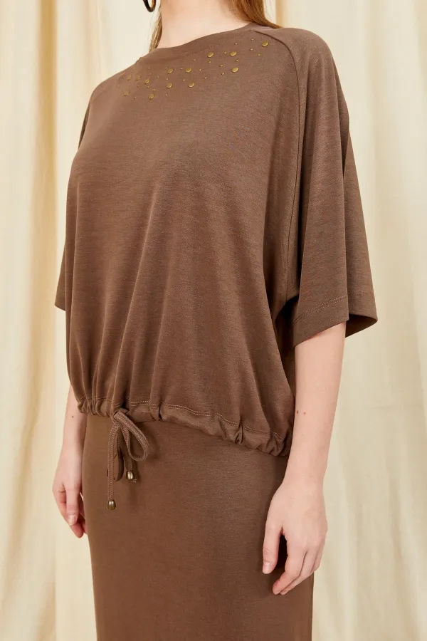 Women's Coffee 164 Raglan Sleeve Skirt with Tie Hem Blouse and Skirt Modal Set