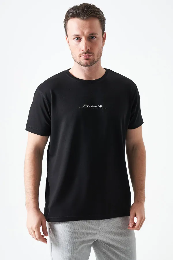 T-shirt noir à col rond en modal pour homme avec imprimé MANFECTUREO