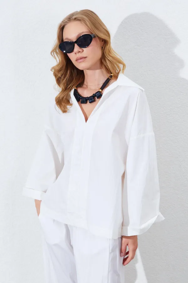 Kadın Kemik Derin V Yakalı Dirsek Kol Salaş Gömlek