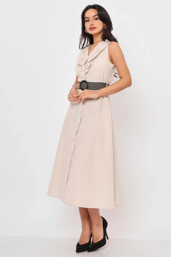 Kadın Bej Yaka Fırfırlı Önü Düğmeli Kolsuz Poplin Kumaş Uzun Elbise