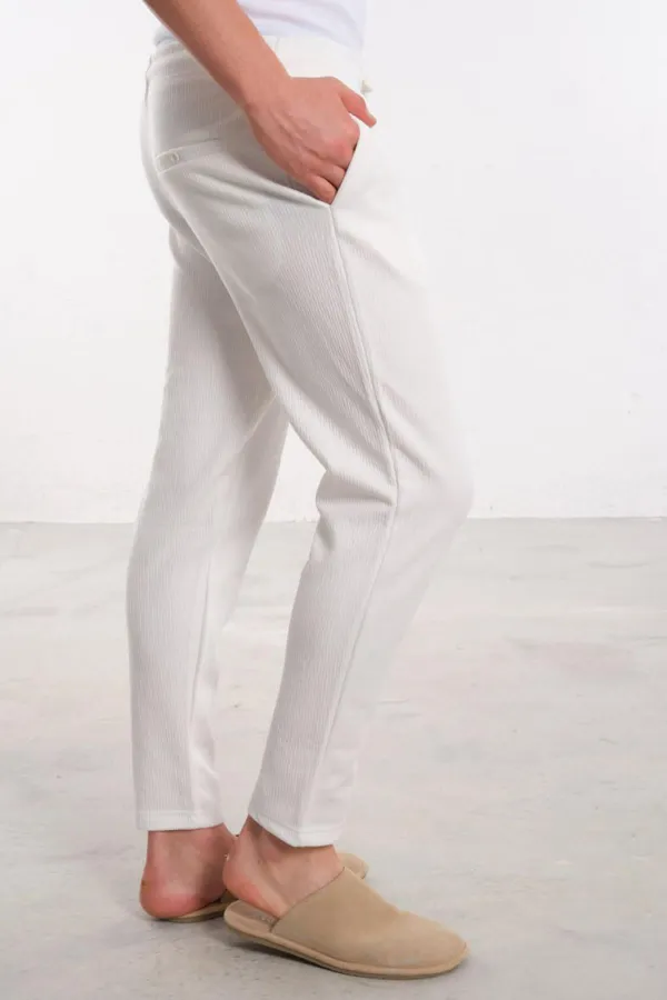 Erkek Ekru Beli Lastikli ve İpli Arka Cep Düğmeli Pantolon