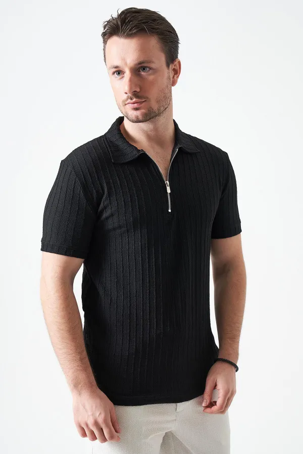 Erkek Siyah Ayaklı Yaka Fermuarlı Ağır Jakar Tişört