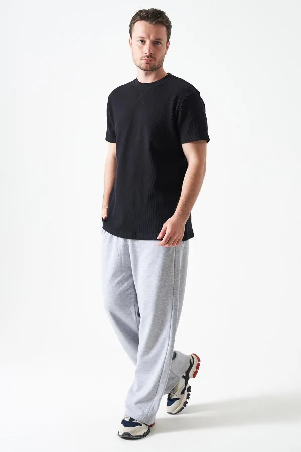 Erkek Siyah Bisiklet Yaka Önü Karyola Waffle Basic Tişört