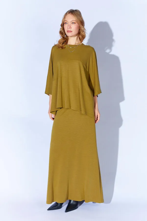 Kadın Yağ Yeşili 172 Düşük Kol Bluzlu Uzun Pike Modal Etekli Takım