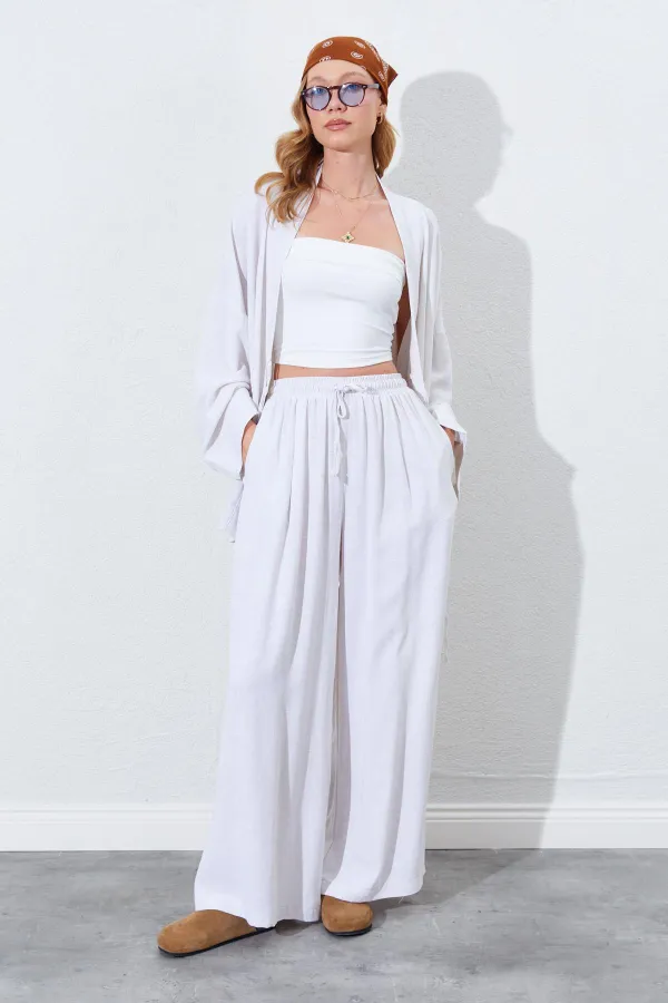 Kadın Naturel Beli Lastikli Palazzo Keten Pantolon