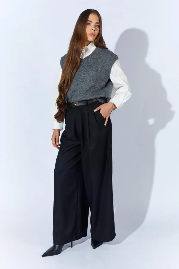 Kadın Siyah Beli Kalın Kemer Palazzo Pantolon