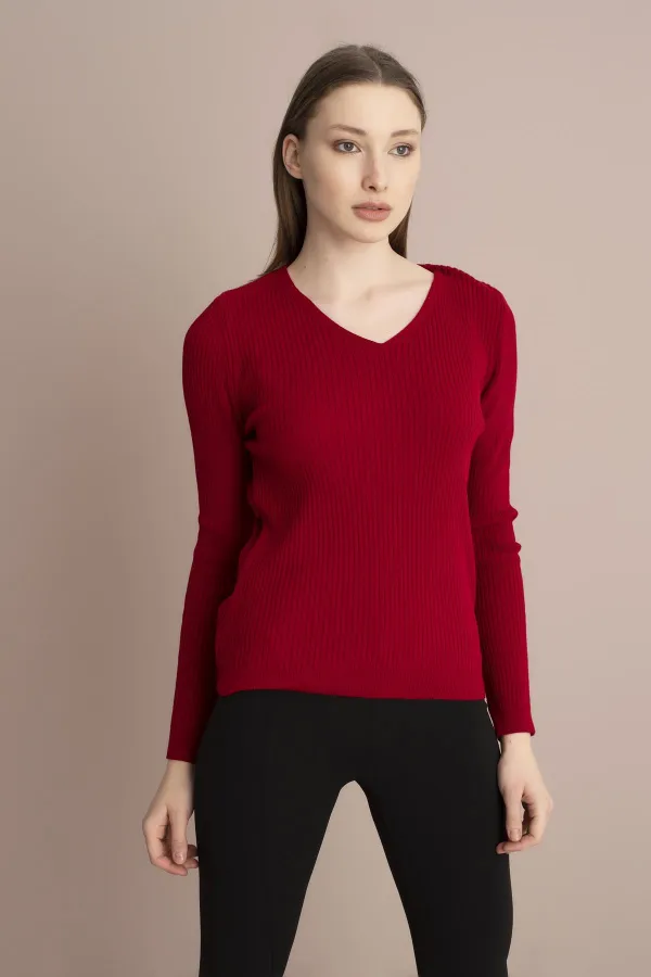 Kadın Kırmızı V Yaka Fitilli Triko