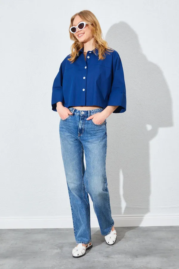 Kadın Lacivert Düşük Kol Çımalı Crop Poplin Gömlek