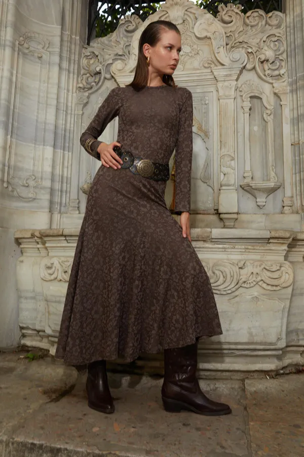 Kadın Kahve Bisiklet Yaka Desenli Volanlı Elbise(111)