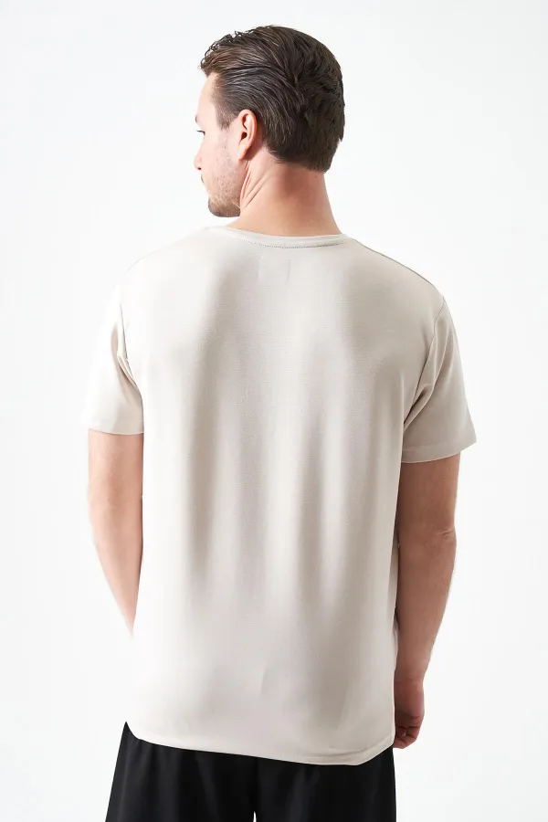 T-shirt beige à col rond pour homme en modal avec imprimé REFRESH