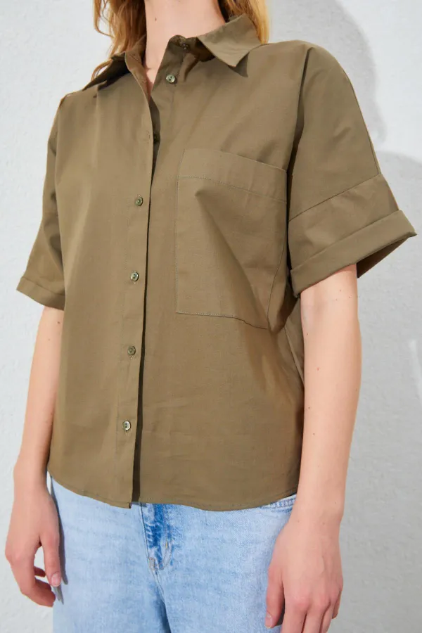Kadın Haki Düşük Kol Tek Cepli Gömlek