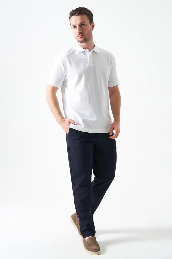 Erkek Lacivert Beli Yarım Lastikli Pike Basic Pantolon