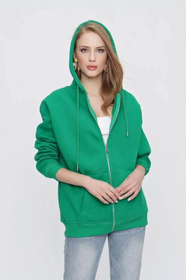 Women's Benetton Green Hooded Oversize Zip-Up Sweatshirt