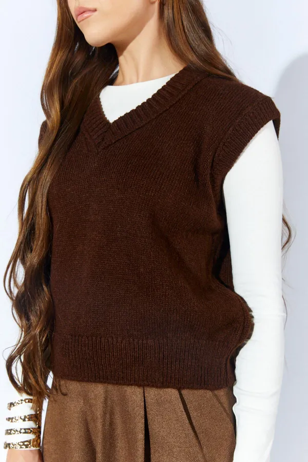 Kadın Kahve V Yakalı Basic Süveter