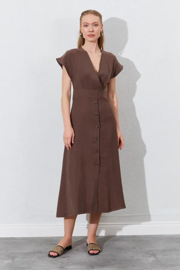 Kadın Kahve Kruvze Yaka Eteği Düğmeli Modal Elbise