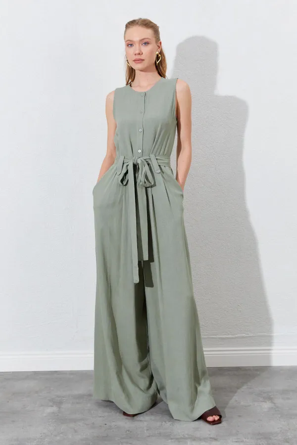 Kadın Haki Kolsuz Kuşak Bağlamalı Double Paça Tulum