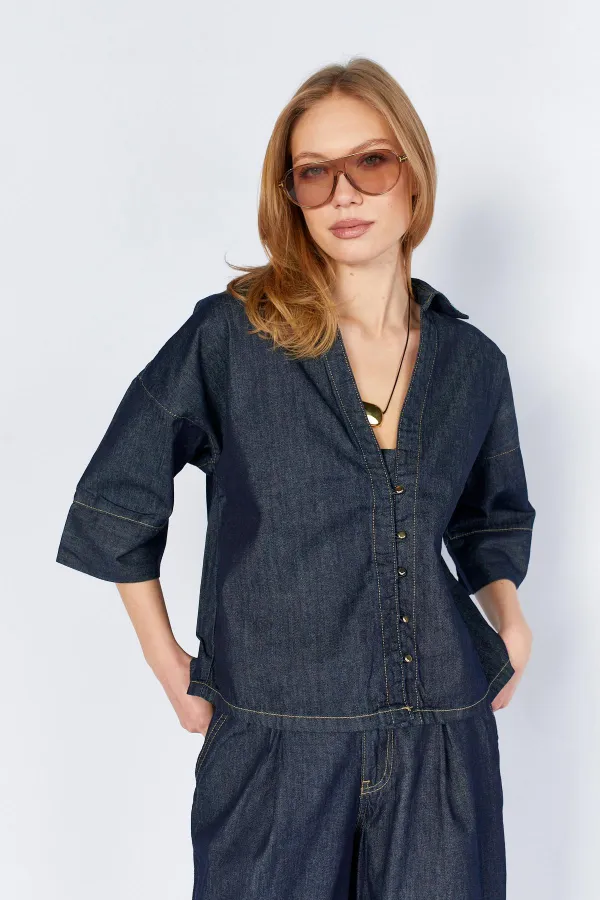 Kadın Rins Yıkama Gömlek Yaka Dirsek Kollu Gömlek Pantolonlu Jean Takım