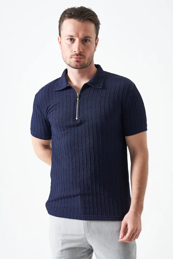 Erkek Lacivert Ayaklı Yaka Fermuarlı Ağır Jakar Tişört