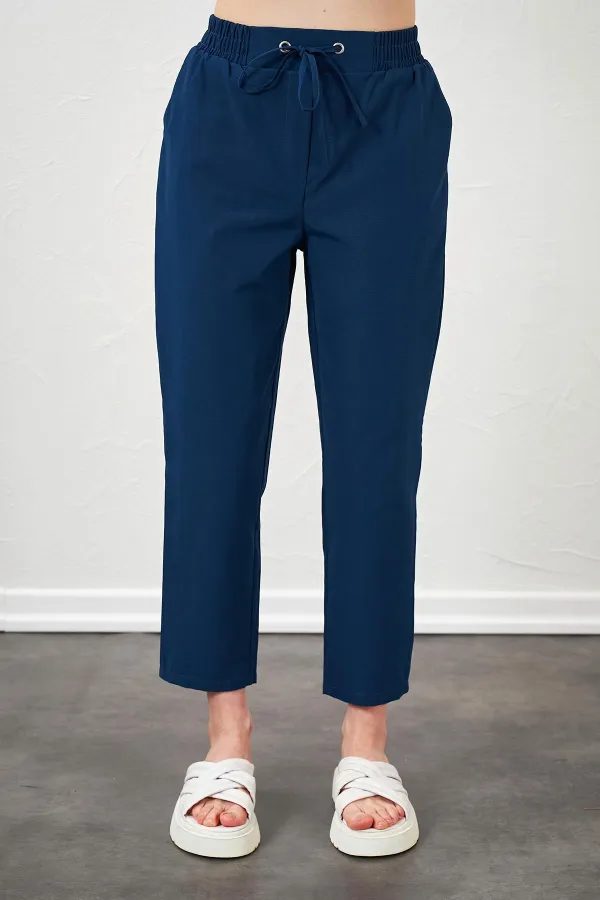 Kadın İndigo Beli Bağlamalı Havuç Paça Poplin Pantolon
