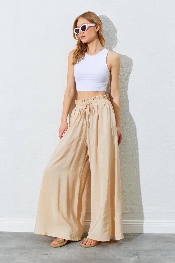 Kadın Bej Beli Kalın Lastikli Bol Kesim Modal Pantolon