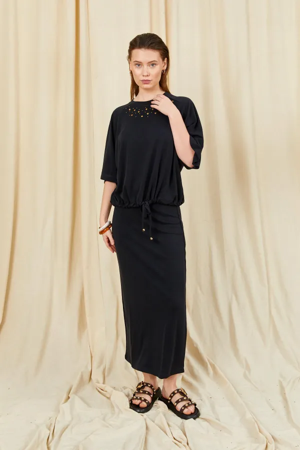 Kadın Siyah 164 Reglan Kollu Etek Ucu Bağlama Bluzlu Etekli Modal Takım