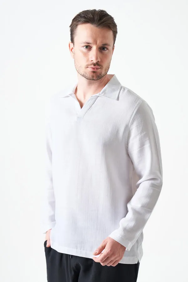 Erkek Beyaz Uzun Kol V Ayaklı Yaka Regular Müslin Gömlek