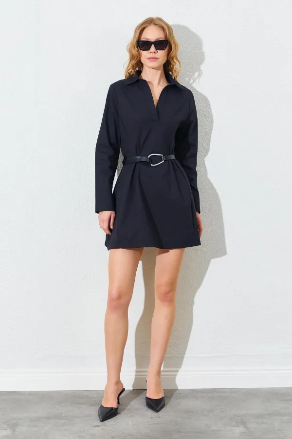 Kadın Siyah Gömlek Yaka Mini Boy Elbise