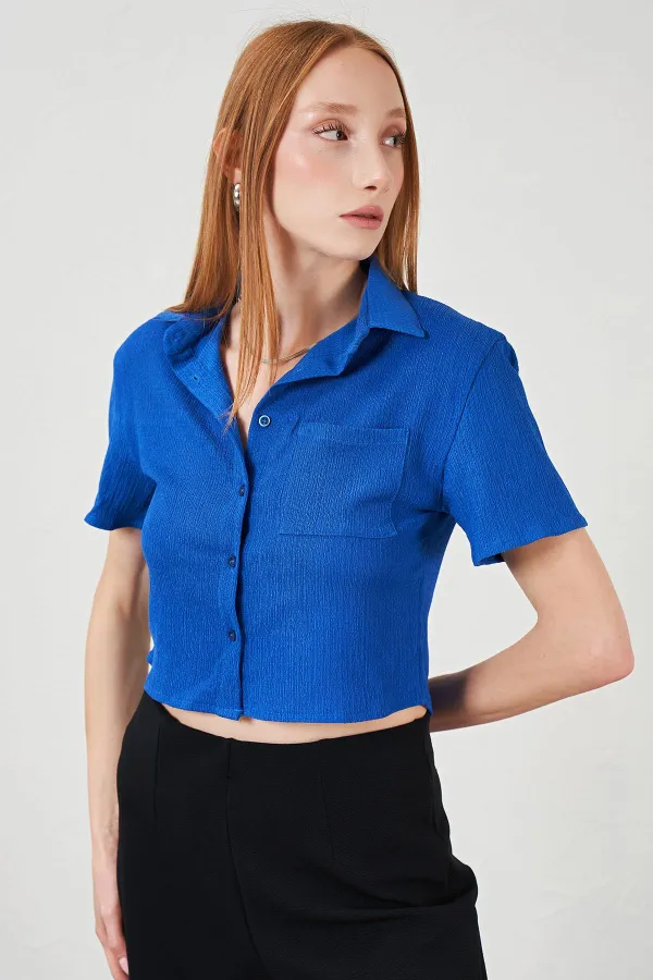 Kadın Saks Bürümcük Tek Cep Crop Gömlek