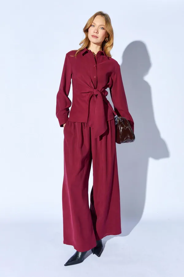 Women's Plum Tie-Up Shirt and Wide-Leg Trousers Set