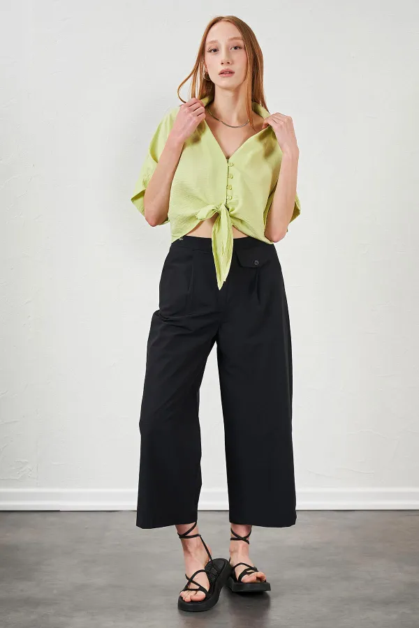 Kadın Siyah Kısa Palazzo Poplin Pantolon