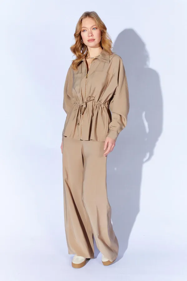 Kadın Vizon 155 Fermuarlı Bağlamalı Ceket Bol Kesim Pantolonlu Takım