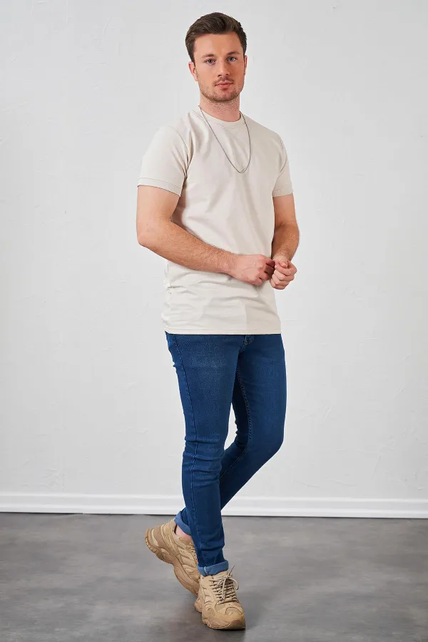 Erkek Bej Kolu Ribanalı İki İp Rahat Kalıp Tişört