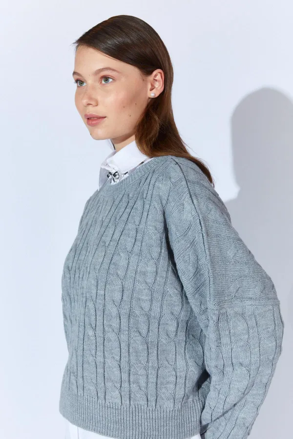 Kadın Gri Saç Örgülü Etek Kazak Takım