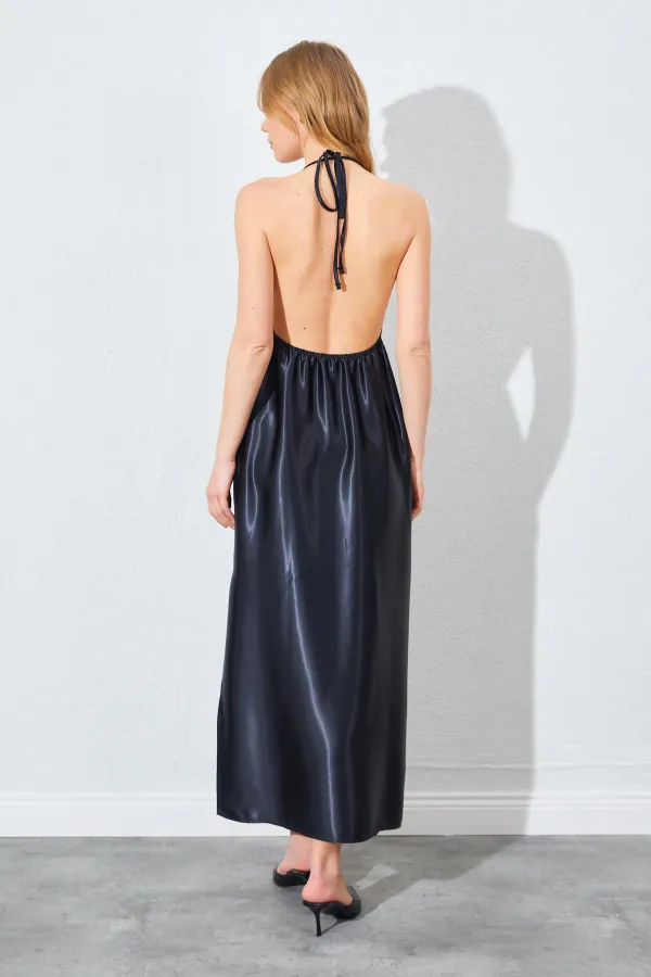 Kadın Siyah Degaje Yaka Saten Uzun Elbise