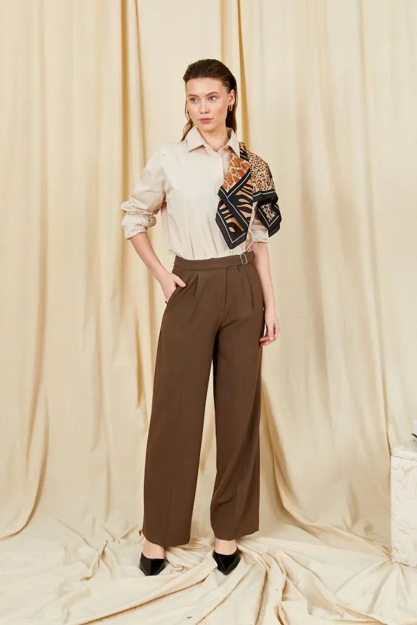 Women's Dark Brown 3522 Loose Fit Trousers with Side Buckle