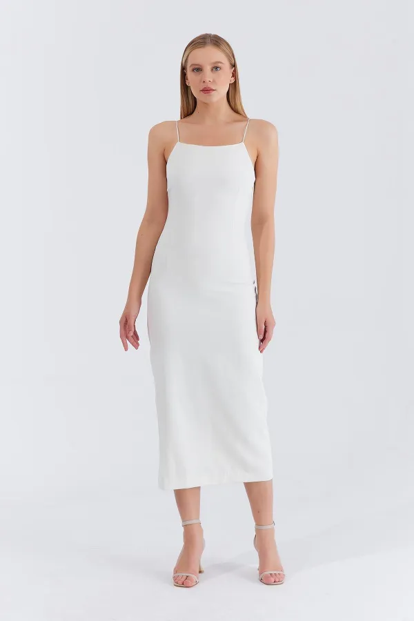Kadın Ekru Askılı Uzun Elbise