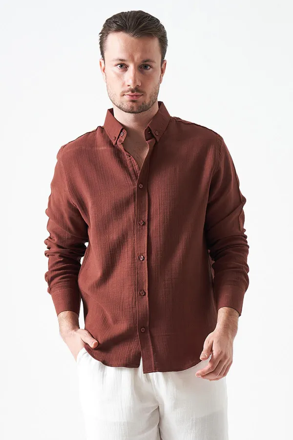 Erkek Kahve Uzun Kol Regular Basic Müslin Gömlek