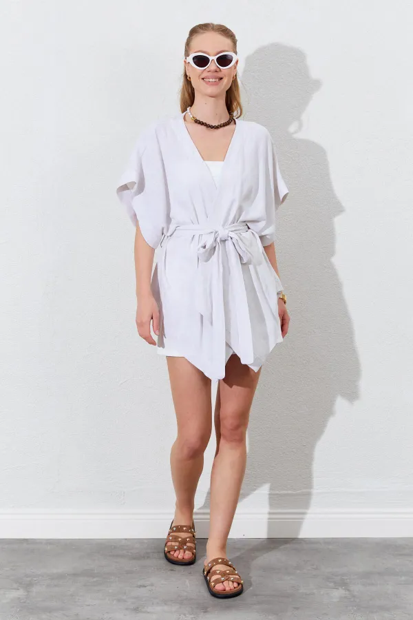 Kadın Naturel Düşük Kol Kuşaklı Kimono