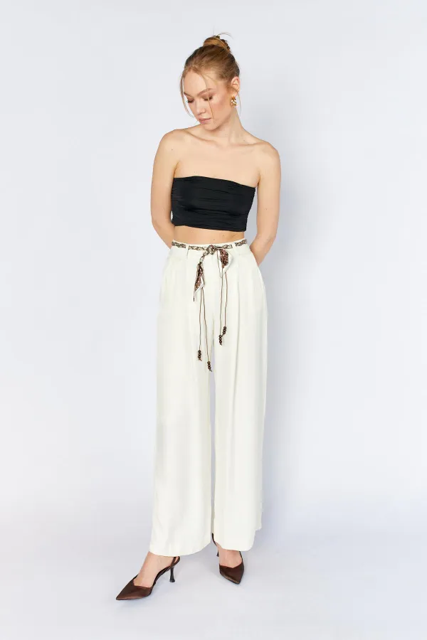 Kadın Krem Beli Fular Kemerli Floş Saten Bol Paça Pantolon