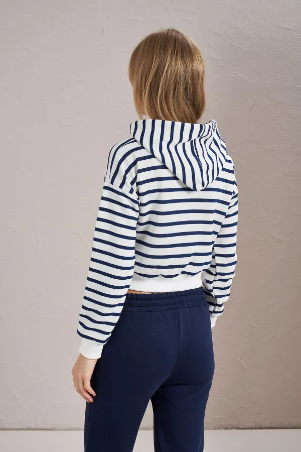 Women's Indigo Three-Thread Striped Hooded Crop Sweatshirt