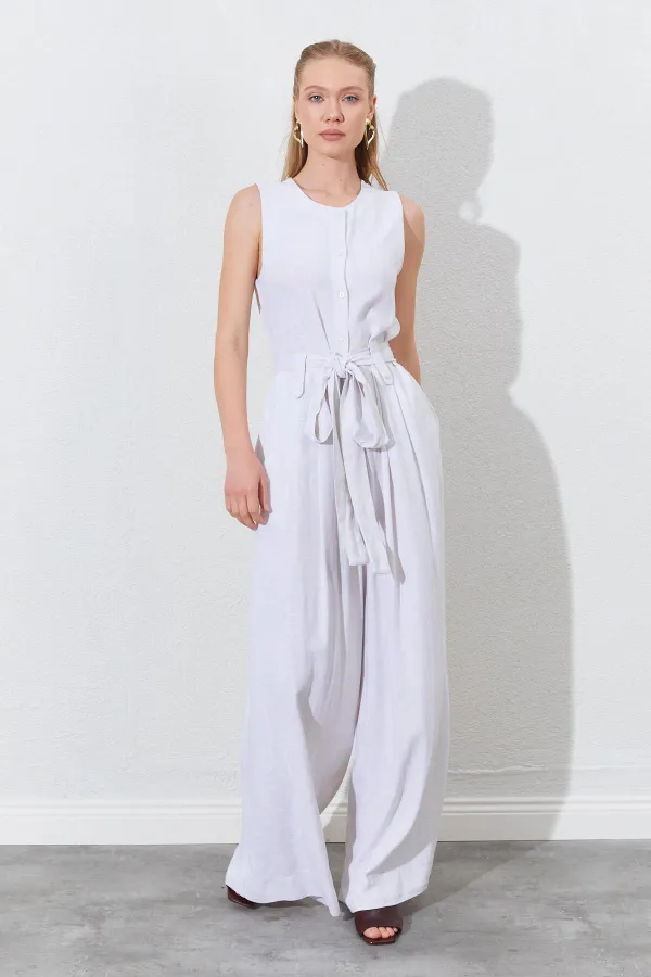 Kadın Naturel Kolsuz Kuşak Bağlamalı Double Paça Tulum