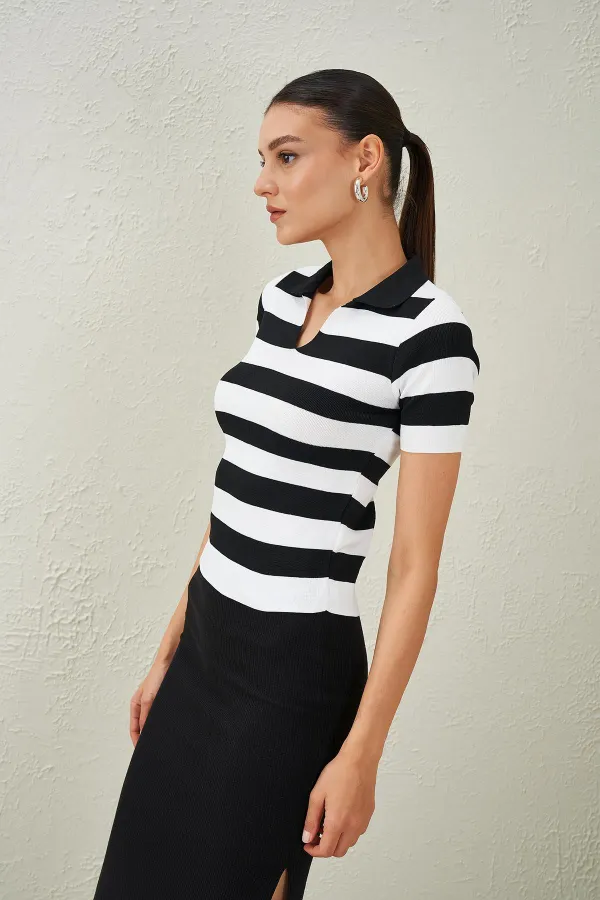 Kadın Siyah-Beyaz Gömlek Yaka Kısa Kollu Triko Bluz